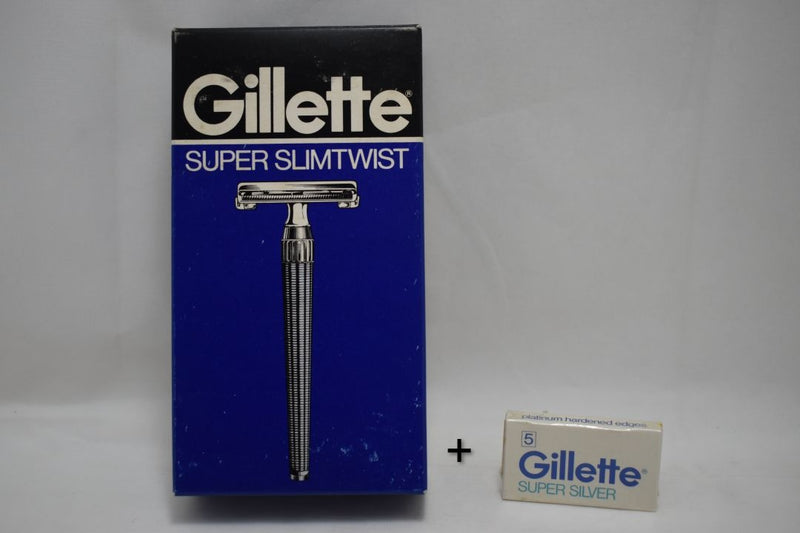 Gillette SUPER SLIMTWIST (VERSION 1977) ORIGINAL SAFETY RAZOR + Gillette SUPER SILVER (5) STAINLESS STEEL BLADES Platinum hardened edges