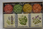 DuCAIR GIFT BOX (VERSION 1981) 3 PERFUMED BATH CUBES AND 4 GUEST SOAPS / Συσκευασία Δώρου  από 3 Αρωματισμένους κύβους Μπάνιου NET WT. 4.5 OZ,  και 4 Σαπούνια διαφορετικών χρωμάτων, σε σχήμα Μπουμπούκι Τριαντάφυλλου, 1.2  OZ.