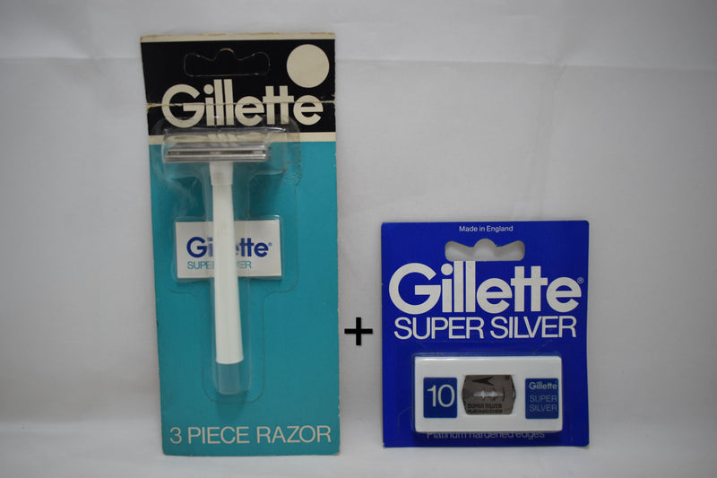 Gillette 3 PIECE RAZOR WHITE HANDLE TECH IN ORIGINAL BLISTER (VERSION 1977) NICKEL PLATED + SUPER SILVER (10) STAINLESS STEEL BLADES Platinum hardened edges