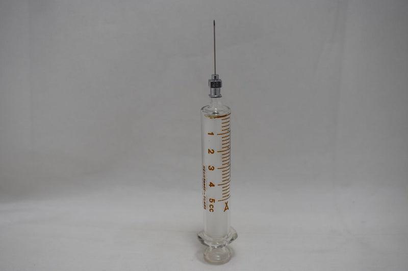 ANIMEX GLASS HYPODERMIC SYRINGE (LUER tip) with interchangeable components / Reusable / Γυάλινη Σύριγγα με γυάλινη άκρη (LUER) επαναχρησιμοποιήσιμη 5 c.c. + STAINLESS STEEL NEEDLES FOR HYPODERMIC INJECTION / ΒΕΛΟΝΑ No 23x1