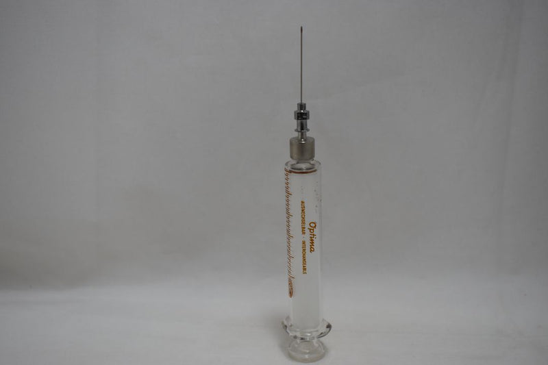 OPTIMA (Fortuna W.G.Co) GLASS HYPODERMIC SYRINGE (LUER-LOCK tip) with interchangeable components / Reusable / Γυάλινη Σύριγγα με μεταλλικό σύνδεσμο ασφαλείας, επαναχρησιμοποιήσιμη 5 c.c. + STAINLESS STEEL NEEDLES / ΒΕΛΟΝΑ No 14