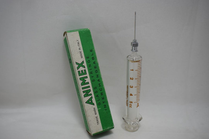 ANIMEX GLASS HYPODERMIC SYRINGE (LUER tip) with interchangeable components / Reusable / Γυάλινη Σύριγγα με γυάλινη άκρη (LUER) επαναχρησιμοποιήσιμη 5 c.c. + STAINLESS STEEL NEEDLES FOR HYPODERMIC INJECTION / ΒΕΛΟΝΑ No 23x1