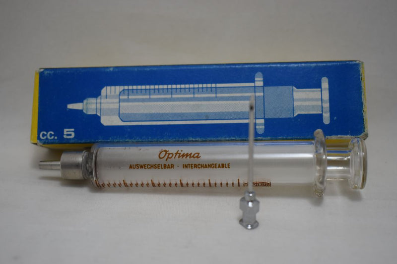 OPTIMA (Fortuna W.G.Co) GLASS HYPODERMIC SYRINGE (LUER-LOCK tip) with interchangeable components / Reusable / Γυάλινη Σύριγγα με μεταλλικό σύνδεσμο ασφαλείας, επαναχρησιμοποιήσιμη 5 c.c. + STAINLESS STEEL NEEDLES / ΒΕΛΟΝΑ No 1.4x30