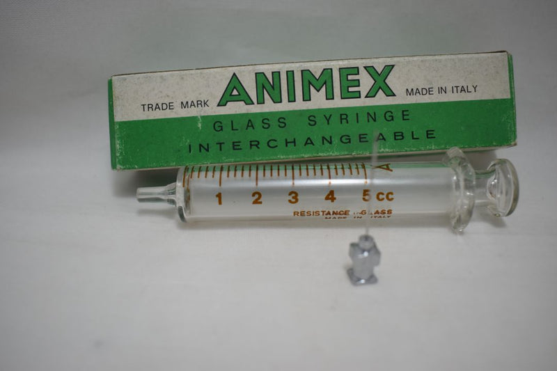 ANIMEX GLASS HYPODERMIC SYRINGE (LUER tip) with interchangeable components / Reusable / Γυάλινη Σύριγγα με γυάλινη άκρη (LUER) επαναχρησιμοποιήσιμη 5 c.c. + STAINLESS STEEL NEEDLES FOR HYPODERMIC INJECTION / ΒΕΛΟΝΑ No 23x1