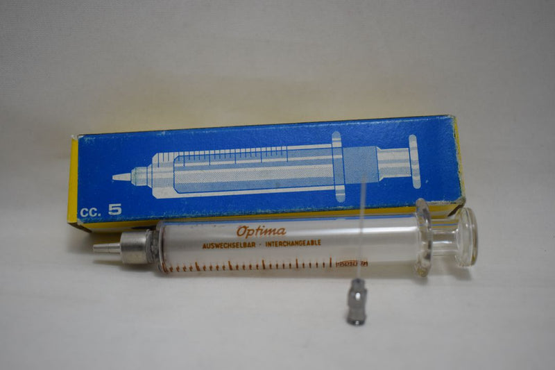 OPTIMA (Fortuna W.G.Co) GLASS HYPODERMIC SYRINGE (LUER-LOCK tip) with interchangeable components / Reusable / Γυάλινη Σύριγγα με μεταλλικό σύνδεσμο ασφαλείας, επαναχρησιμοποιήσιμη 5 c.c. + STAINLESS STEEL NEEDLES / ΒΕΛΟΝΑ No 14