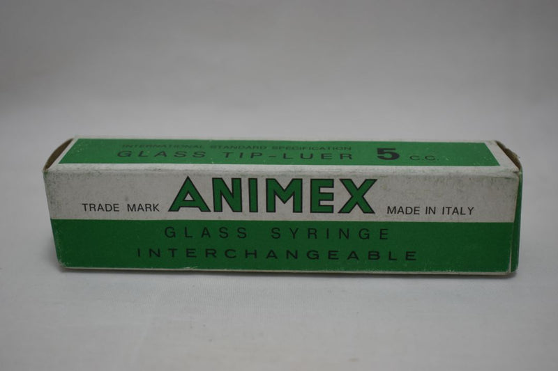 ANIMEX GLASS HYPODERMIC SYRINGE (LUER tip) INTERNATIONAL STANDARD SPECIFICATION with interchangeable components / Reusable / Γυάλινη Σύριγγα με γυάλινη άκρη (LUER) επαναχρησιμοποιήσιμη 5 c.c.