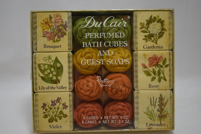 DuCAIR GIFT BOX (VERSION 1981) 6 PERFUMED BATH CUBES AND 8 GUEST SOAPS / Συσκευασία Δώρου  από 6 Αρωματισμένους κύβους Μπάνιου NET WT. 9 OZ,  και 8 Σαπούνια διαφορετικών χρωμάτων, σε σχήμα Μπουμπούκι Τριαντάφυλλου, 2.4  OZ.