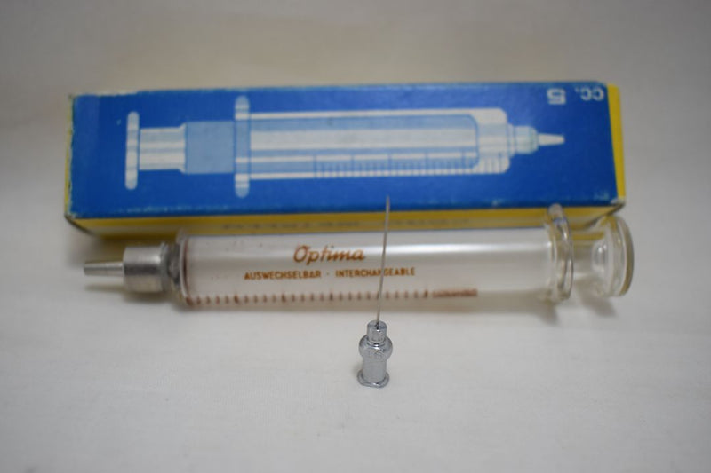 OPTIMA (Fortuna W.G.Co) GLASS HYPODERMIC SYRINGE (LUER-LOCK tip) with interchangeable components / Reusable / Γυάλινη Σύριγγα με μεταλλικό σύνδεσμο ασφαλείας, επαναχρησιμοποιήσιμη 5 c.c. + STAINLESS STEEL NEEDLES / ΒΕΛΟΝΑ No 18