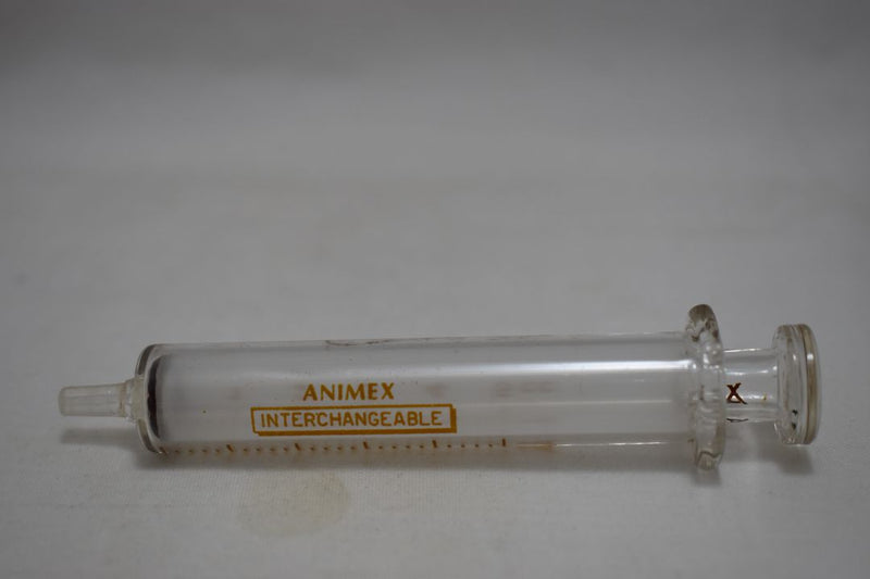 ANIMEX GLASS HYPODERMIC SYRINGE (LUER tip) INTERNATIONAL STANDARD SPECIFICATION with interchangeable components / Reusable / Γυάλινη Σύριγγα με γυάλινη άκρη (LUER) επαναχρησιμοποιήσιμη 5 c.c.