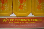 WOLFF GIFT BOX DESIGNER SERIES (COLOR YELLOW) FINE FRENCH MILLED SOAPS (VERSION 1981) / Συσκευασία Δώρου, Σχεδιαστική σειρά Χρώματος Κίτρινου, από Φίνα Αρωματισμένα και Αλεσμένα Γαλλικά σαπούνια 3 BARS 2.75 OZ. - TOTAL NET WT. 8.25 OZ (234g).