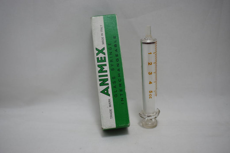 ANIMEX GLASS HYPODERMIC SYRINGE (LUER tip) INTERNATIONAL STANDARD SPECIFICATION with interchangeable components / Reusable / Γυάλινη Σύριγγα με γυάλινη άκρη (LUER) επαναχρησιμοποιήσιμη 5 c.c.