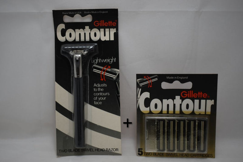 Gillette Contour / ATRA ORIGINAL (VERSION 1977) Deluxe Lightweight TWO BLADE SWIVEL HEAD RAZOR Sealed and Unused + Gillette Contour / ATRA ORIGINAL (VERSION 1977) RAZOR BLADE REFILLS, 5 CARTRIDGES (1 PACK)