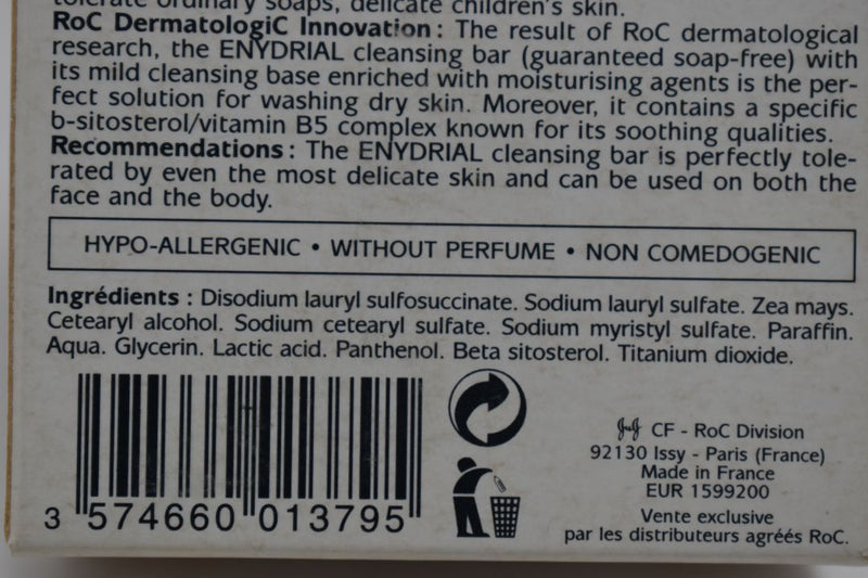 ROC ENYDRIAL DERMATOLOGICAL BAR WITHOUT SOAP GENTLY CLEANSES WITHOUT DRYING FOR WASHING DRY SKIN / Δερματολογική μπάρα χωρίς σαπούνι καθαρίζει απαλά χωρίς να ξεραίνει, για πλύσιμο ξηρού δέρματος, συνιστάται και για τα παιδιά 100 g 3.5 OZ.