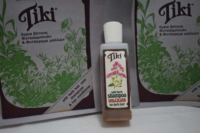 TiKi WILD HERB SHAMPOO VALERIAN  (VERSION 1983) FOR DARK HAIR / ΦΥΤΟΣΑΜΠΟΥΑΝ ΒΑΛΕΡΙΑΝΑΣ ΓΙΑ ΣΚΟΥΡΑ ΜΑΛΛΙΑ 120 ml 4 FL.OZ.